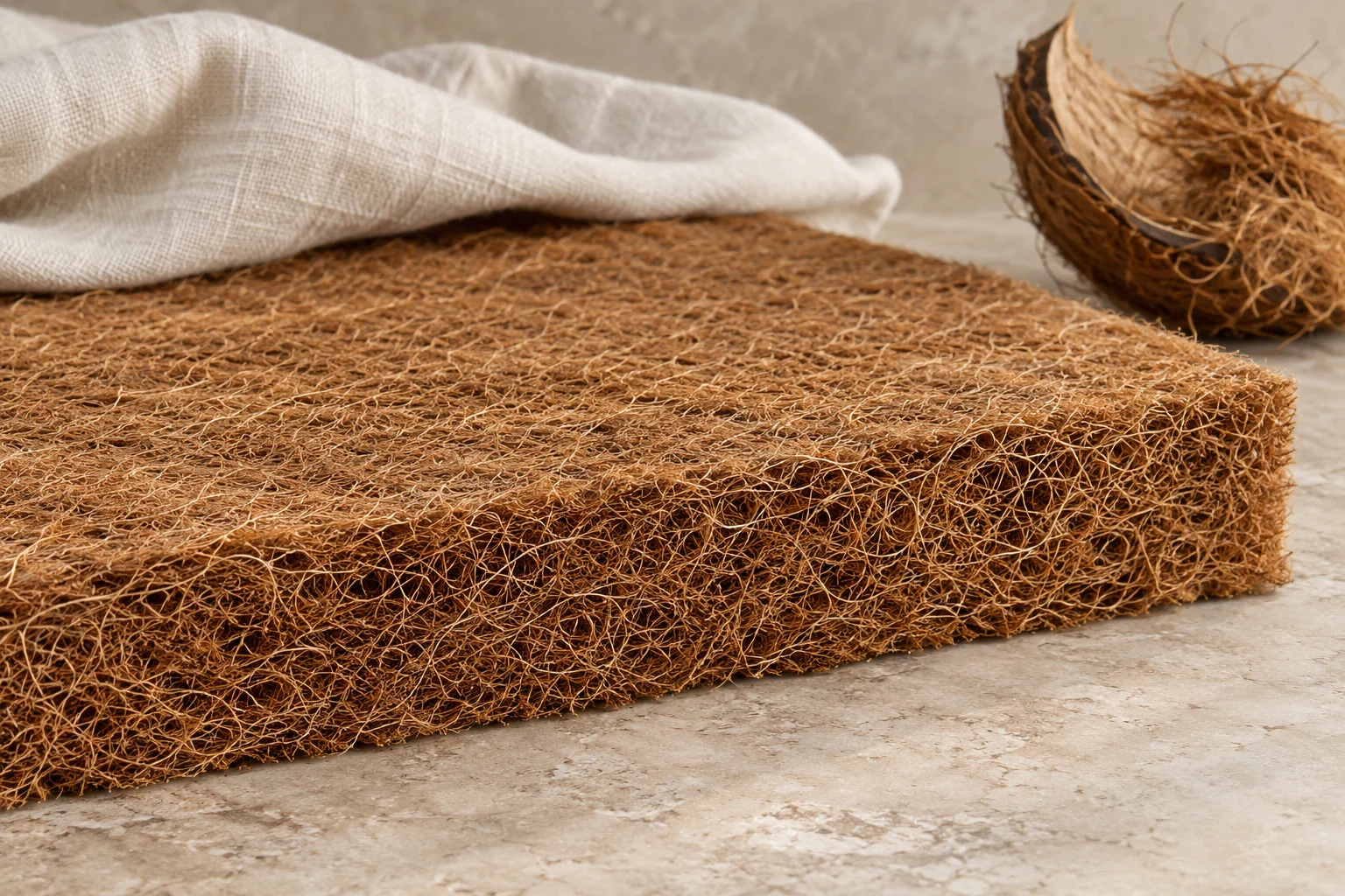 Textured coconut coir pad with a fabric swatch and coconut husk