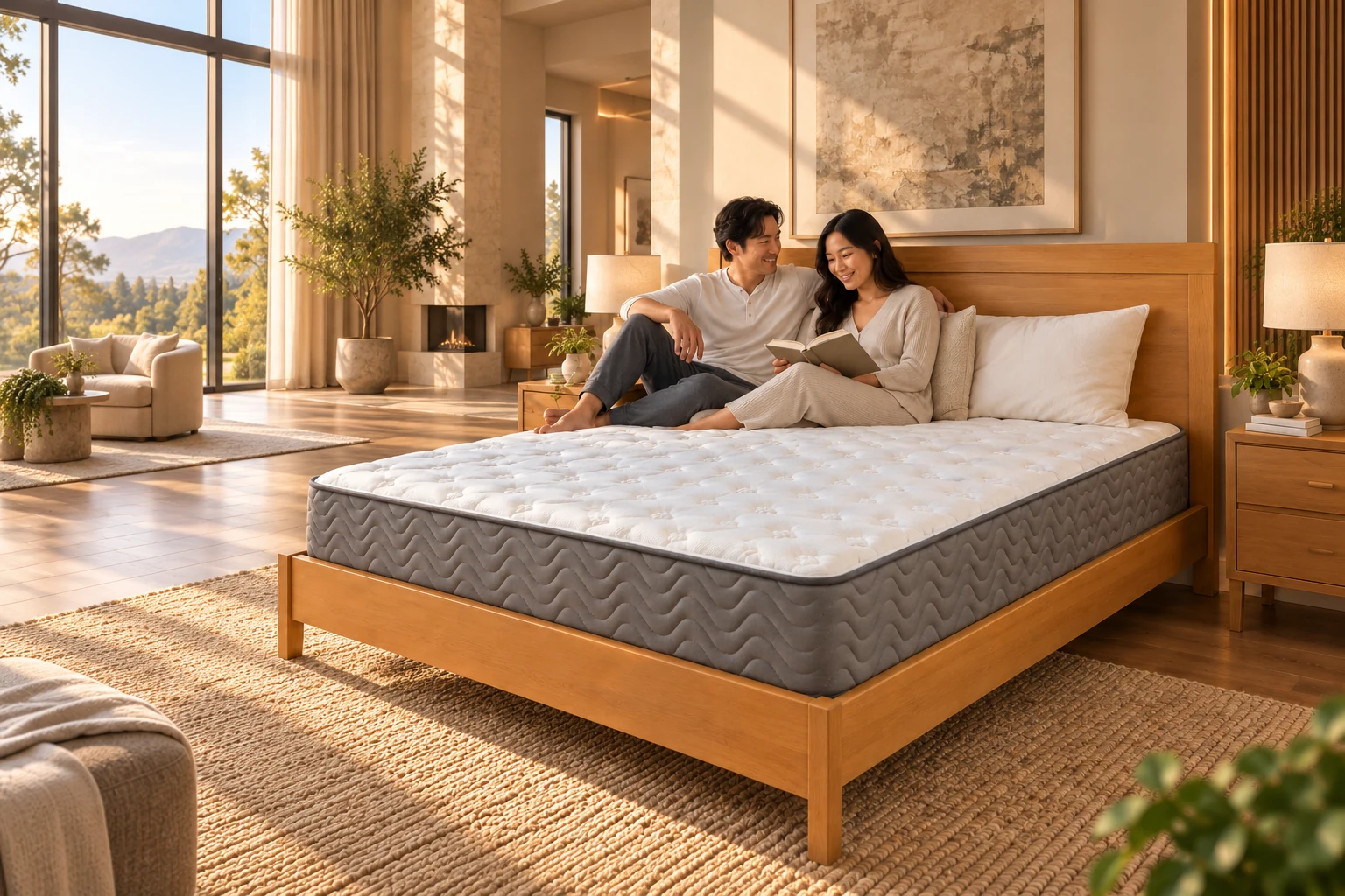 Gray wave-quilted mattress on a natural wood bed with a couple seated near the headboard
